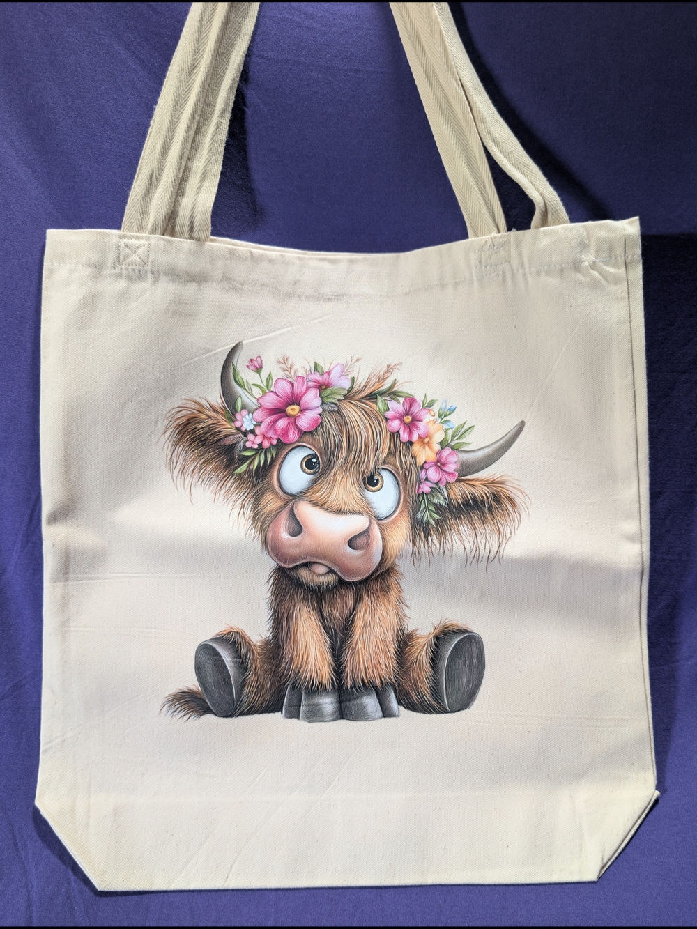 Cream Floral Highland Cow Canvas Tote Bag
